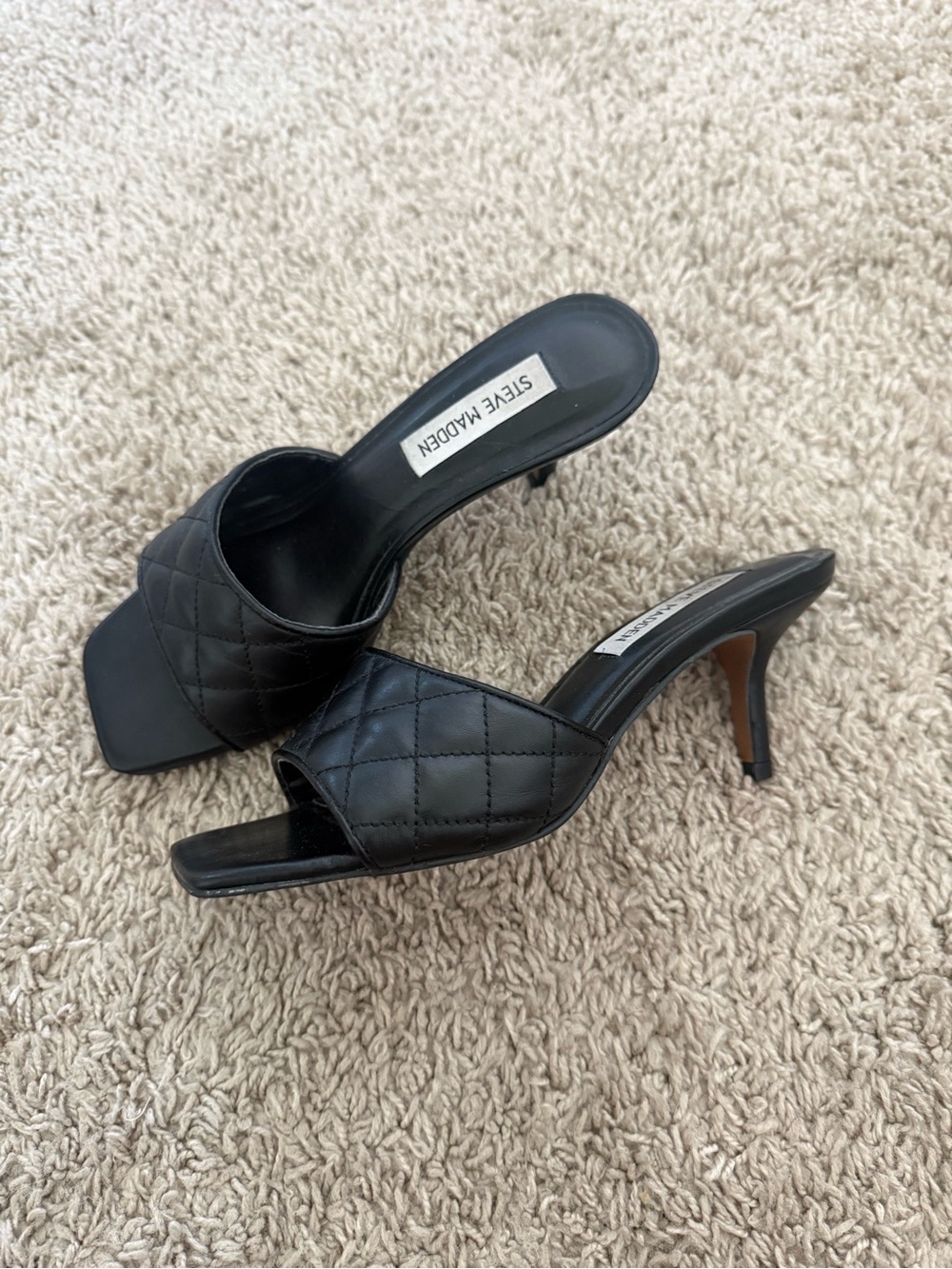 Steve Madden Black Quilted Square Open-Toe Mule Heels Size 6